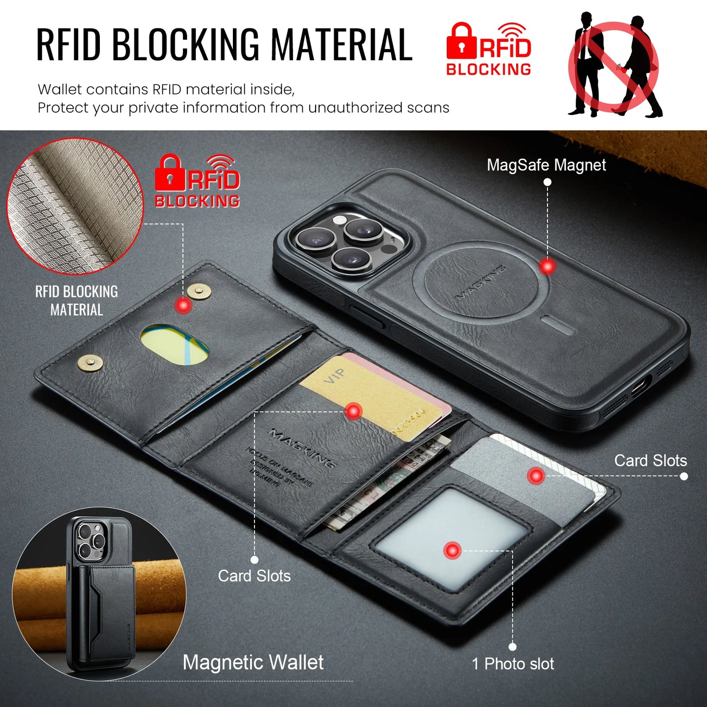 Detachable 2-in-1 Powerful Magnetic Wallet Case with Multi Cards Pocket for iPhone