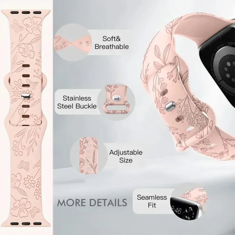 Bloom Waves Floral Engraved Silicone Band for Apple Watch