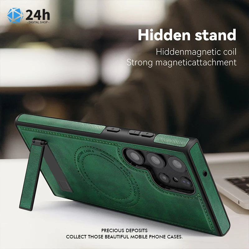 Luxury Leather Stand Phone Case for Samsung Galaxy (Magnetic Wireless Charging)