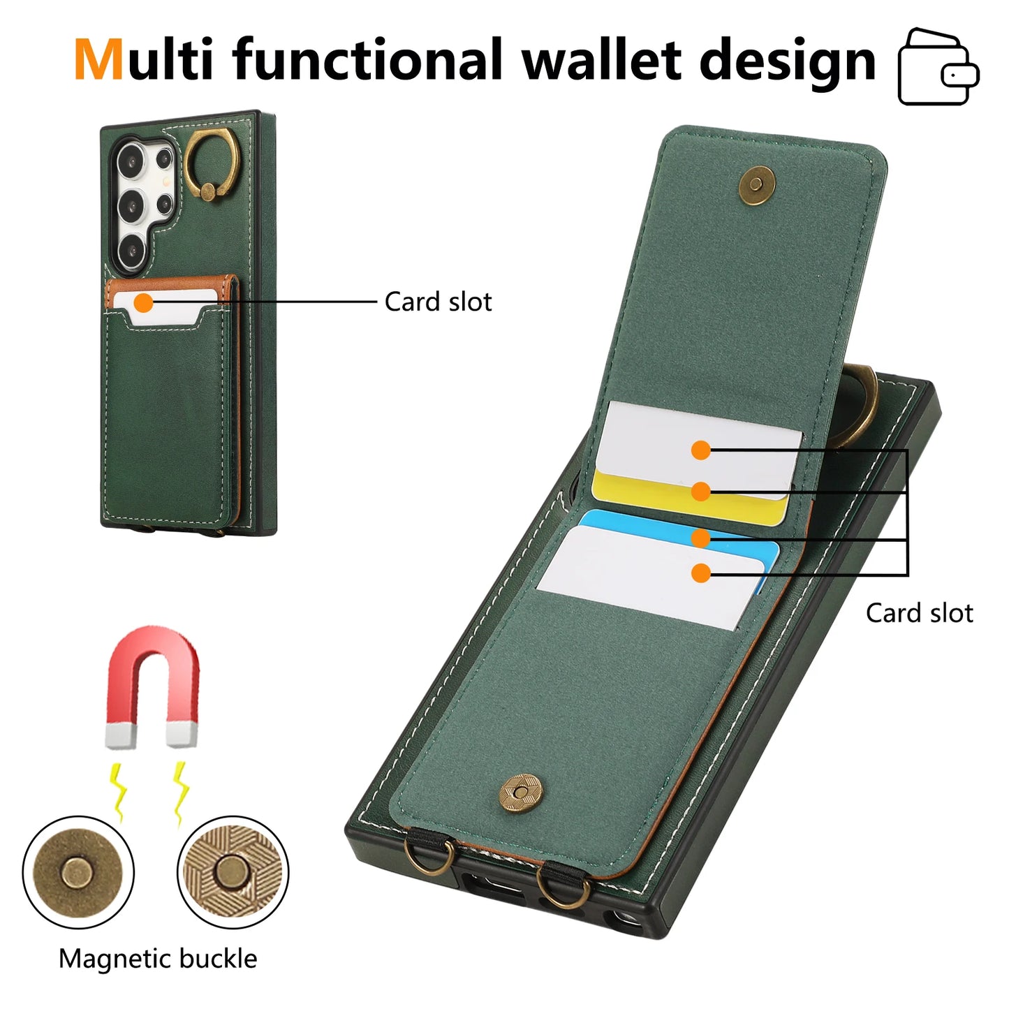 Magnetic Leather Wallet Card Slot Phone Case for Samsung Galaxy (Ring Kickstand)