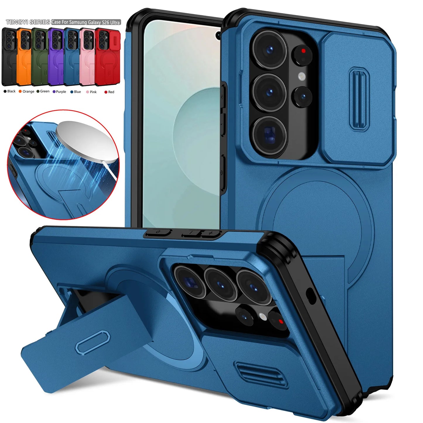 Lens Protector Phone Case for Samsung {Magnetic Kickstan)